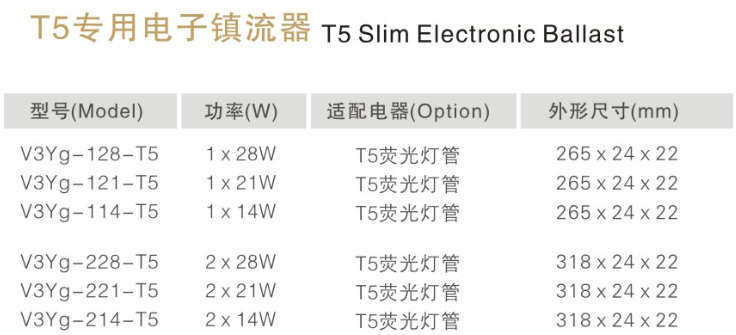 T5電子鎮流器參數